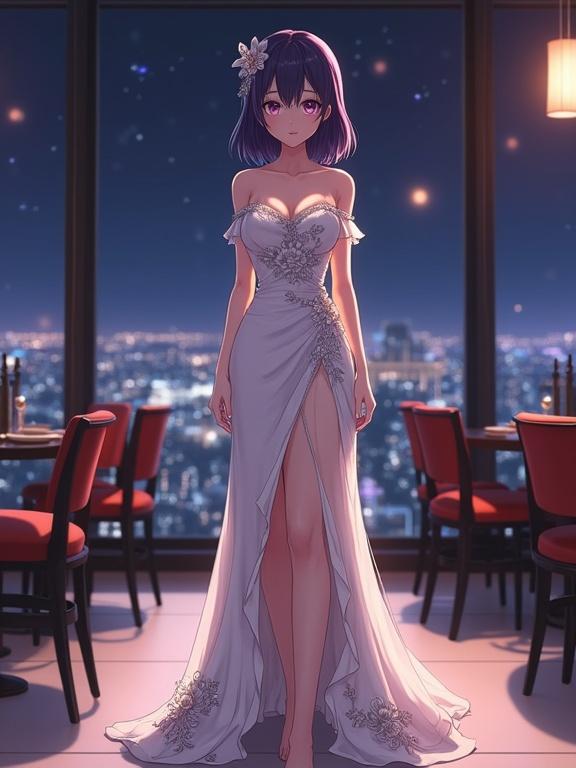 A breathtaking anime adult woman stands in a luxurious sky lounge at night. She has shoulder-length dark violet hair with a kanzashi. Her elegant off-white gown has sheer sleeves and silver floral patterns. The gown's sweetheart neckline accentuates her curvy figure. The setting features a nighttime cityscape visible through a grand window. The atmosphere is sophisticated and romantic with soft illumination creating calmness. The scene is captured in high-quality fashion photography style.
