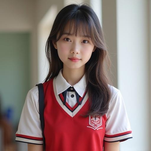 Generate an image of a beautiful female high school student wearing a Shenzhen school uniform.
