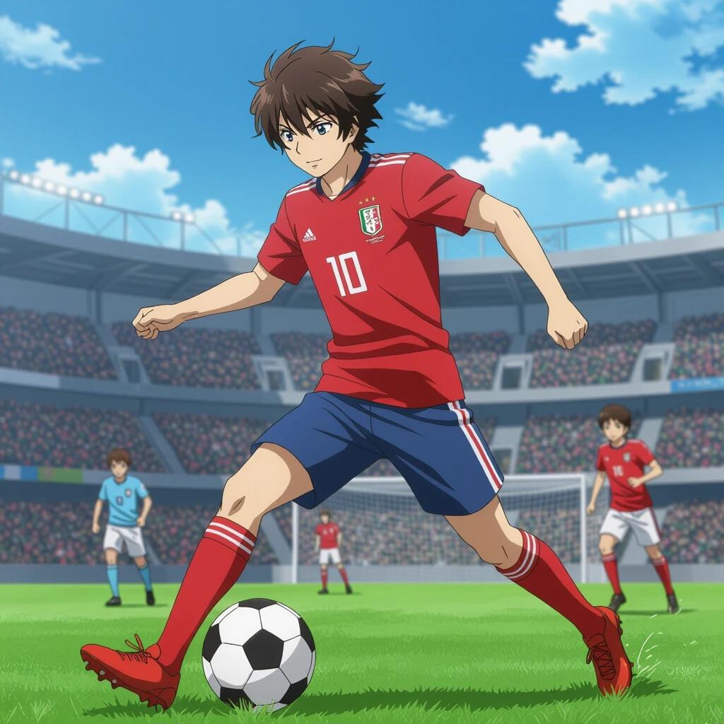Soccer player wearing slip-resistant socks. Anime style. The player is kicking a soccer ball in a vibrant stadium setting. The team colors are red and blue with a lively audience in the background.