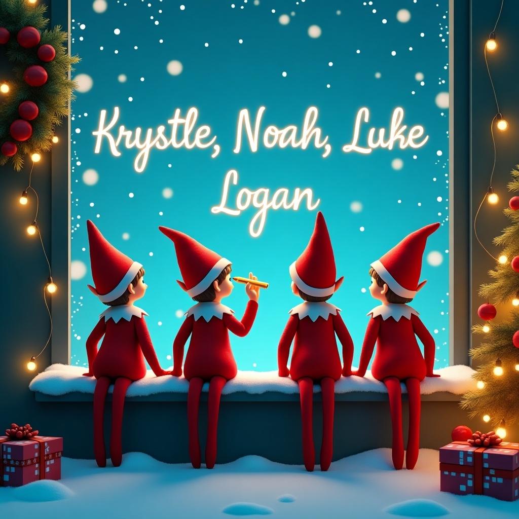 Christmas scene features a neon blue sky with snowy ground. Four elves on the shelf write names in the sky with golden pen. Background includes Christmas lights, a wreath, and a gift box. Elves are in red outfits with red hats. The overall image glows warmly.