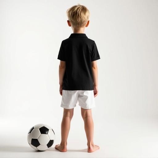Photograph of a boy with blond hair standing with back to camera. He wears black polo shirt and white shorts. Soccer ball lies nearby. Barefoot stance.
