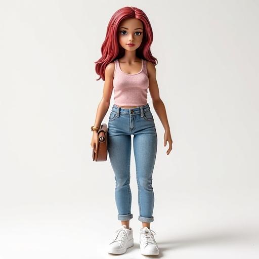 Create an original action figure character based on the provided image. Character face and body resemble image. Outfit is athletic shirt and skinny jeans with white sneakers. Figure is fully visible in transparent blister. Each accessory in own blister and not repeated. Accessories include handbag, makeup box, Stanley cup. Card design has pink gradient background. Top of box features 'Isidora' in cursive gradient font with 3D shadow. Below, 'Action Figure' in bold black. Include visible UPC code at bottom. Scale all accessories proportionally. Large objects like bicycle should match figure height. Realistic toy version of Isidora taken with Canon 5D at a Target store. Simple facial features resembling original photo. White background.