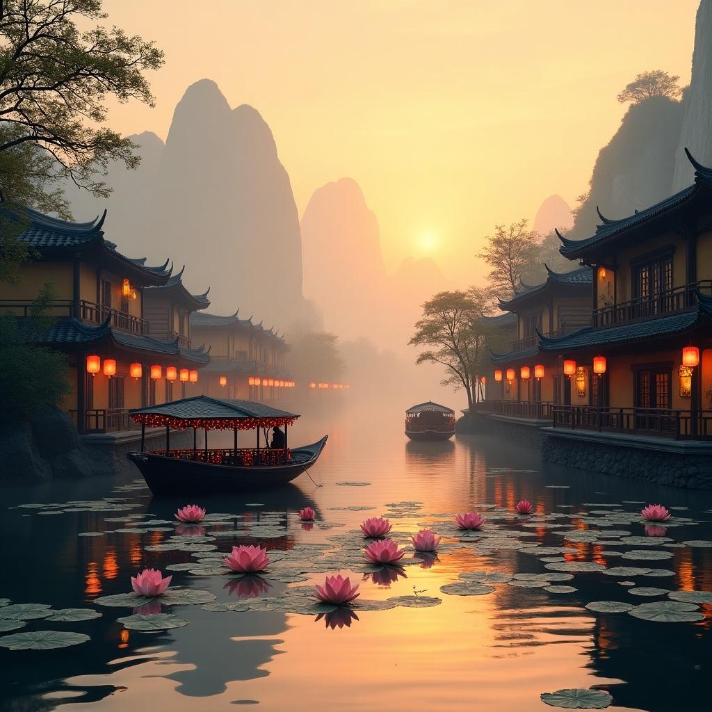 Traditional Asian village by the river at sunset. Features classic buildings with tiered roofs and lanterns. River filled with lotus flowers reflecting sunset hues. Big decorated boat anchored. Misty mountains in the background provide mystique. Calm and peaceful ambiance.