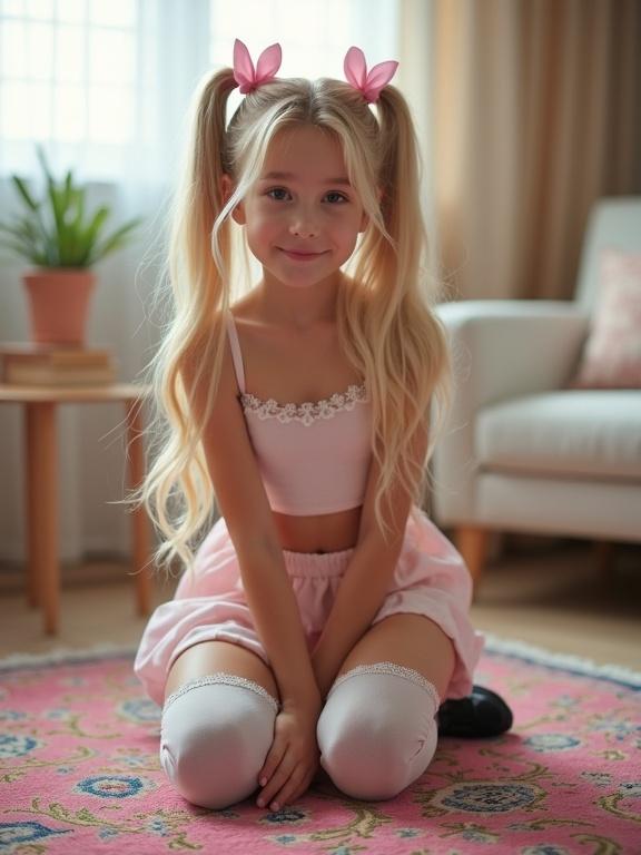 A teen with long blonde twin tails and pink bows kneels on a colorful rug. She wears a crop top and a pale pink skirt, with thigh-high socks and black shoes. The setting is a softly lit living room.