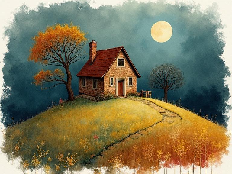 English cottage on a hill. Moon shining brightly. Cottage surrounded by golden fields. Trees with autumn leaves. Watercolor style painting with splashy white border. Very detailed and colorful.
