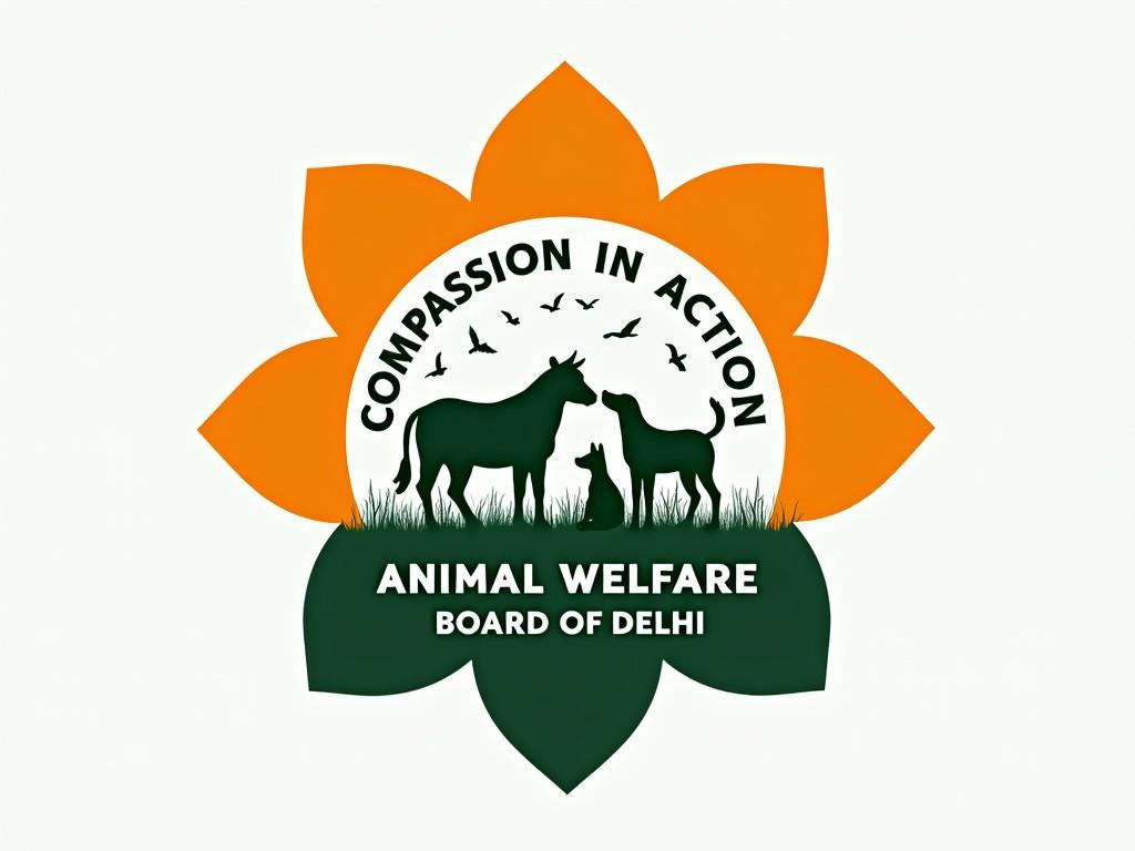 A logo for the Animal Welfare Board of Delhi featuring silhouettes of various animals and birds within an orange and green floral design, with the phrase 'Compassion in Action'.