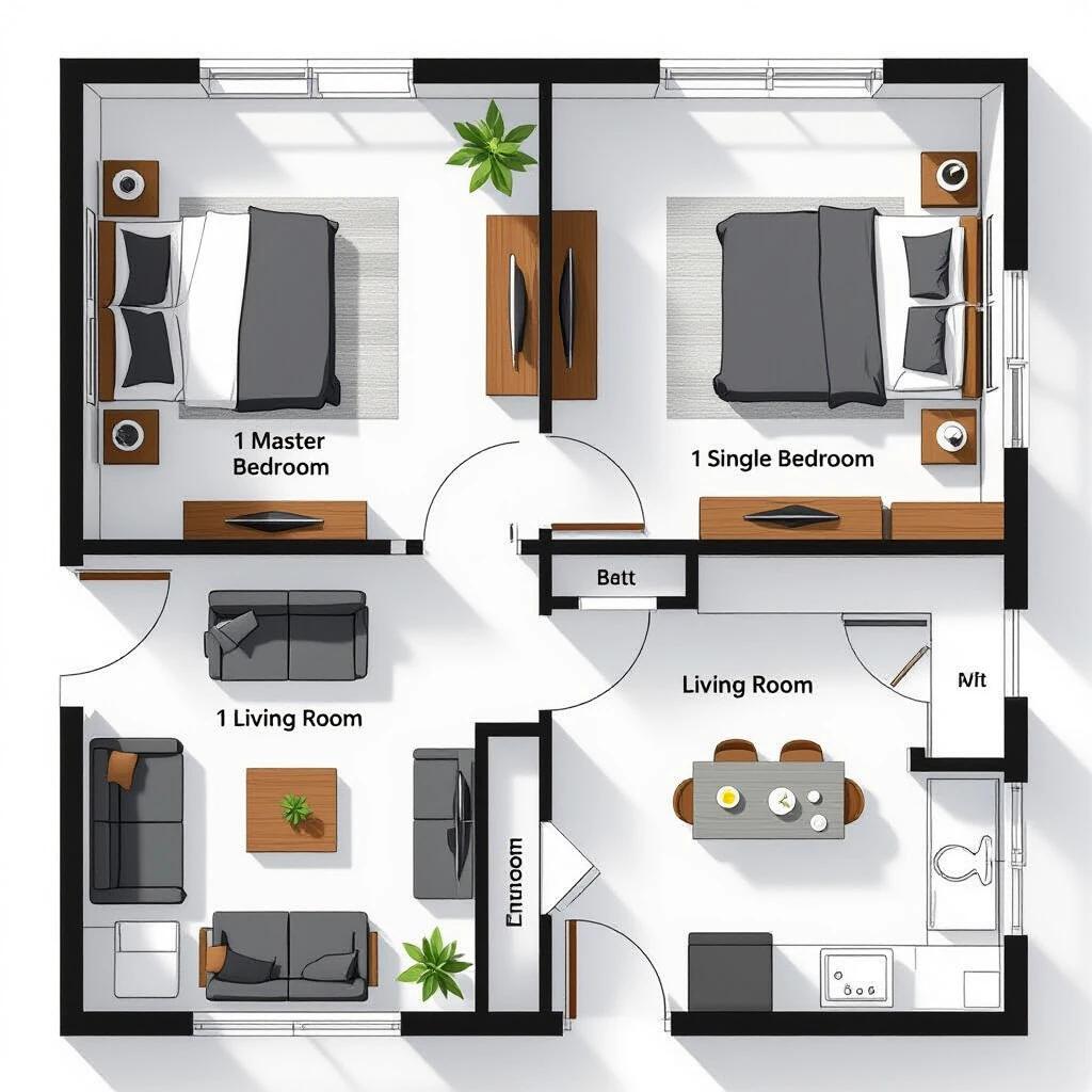 2D black and white architectural floor plan of a modern apartment. Clean lines. Layout includes a master bedroom, a single bedroom, a shared bathroom, a living room, a dining room, a kitchen, a half-bath, and an office. Modern and simple style. Clearly labeled rooms. Minimal furniture. No color or shading. White background. Technical blueprint style.