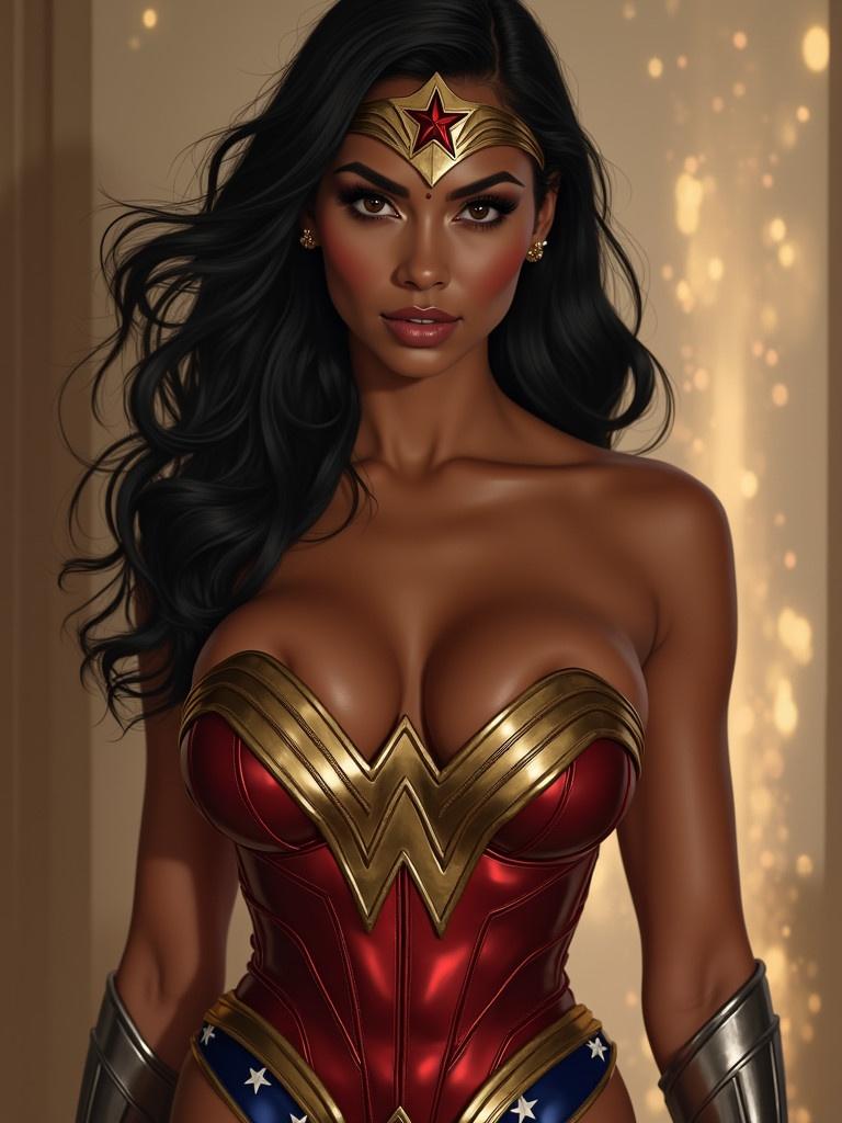 Mia Khalifa embodying the character Wonder Woman in a beautifully designed costume. The costume features a traditional red, gold, and blue color scheme. The figure has long dark hair and a strong posture, representing power and bravery. Background gives a heroic vibe with soft lighting and artistic flair.