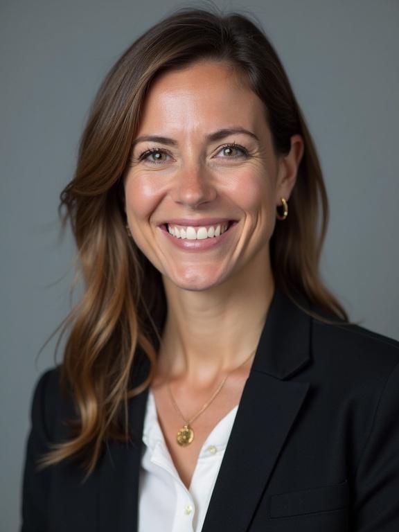 Portrait of a woman in a black suit with long hair. She displays a bright smile. Set against a grey background. Suitable for corporate use.