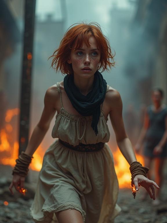 Photorealistic depiction of a frightened young woman with short auburn hair and pale skin. She wears a torn dress and runs from a burning gallows. Ropes hang from her wrists while dark blue flames surround her hands. People panic in the background amidst smoke and fire.