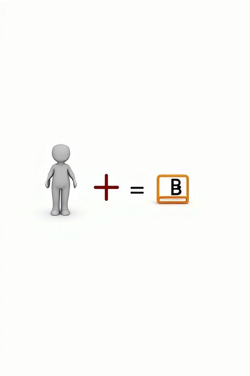 Stickman-style illustration. From left to right: a user figure a plus-sign a course book-icon an equals-sign and a red cross. User labeled A course labeled B. Equation shows user plus course resulting in red cross. Scene conveys message about user and course not achieving successful outcome.