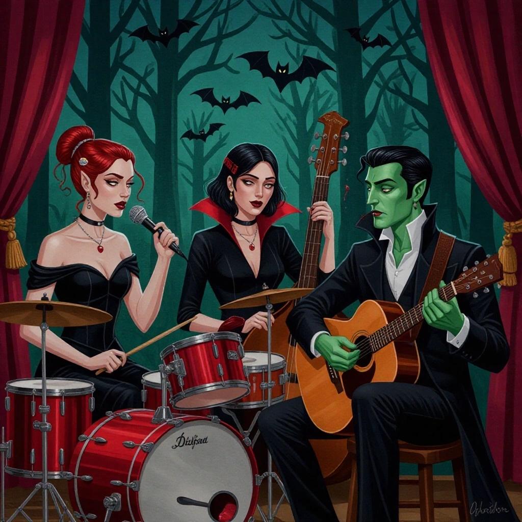 Semi-realistic fantasy illustration for a young adult novel. A vampire band playing music. One vampire with tied back hair plays drums. Another darker skinned vampire with short hair plays an organ. A male vampire plays electric guitar and another with green eyes sings while holding a guitar. Another vampire observes, drinking blood from a cup.