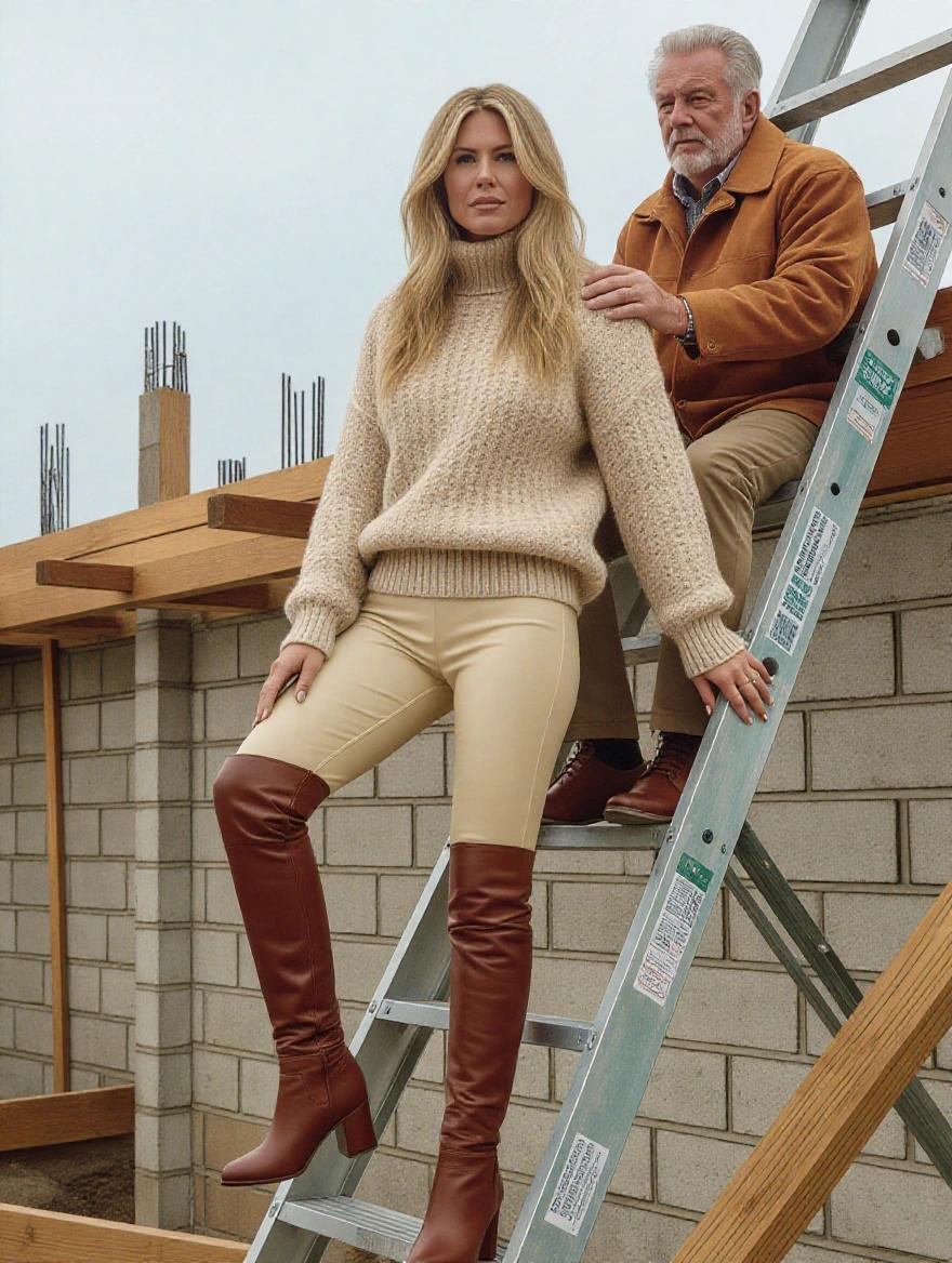 Model with features resembling Jennifer Aniston wears cream leather leggings and brown high heel boots. She has a cashmere jumper styled with French tuck. The setting is a construction site, with a ladder. An older gentleman is climbing behind her, hands on her hips.