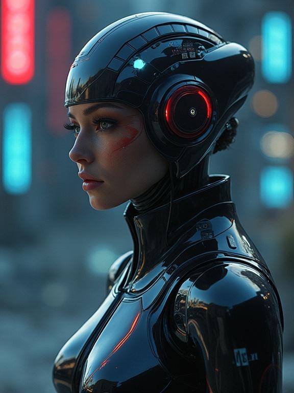 Futuristic sci-fi character wearing a sleek high-tech power suit with robotic features and neon accents. Side profile view highlighting the character's helmet and attire.
