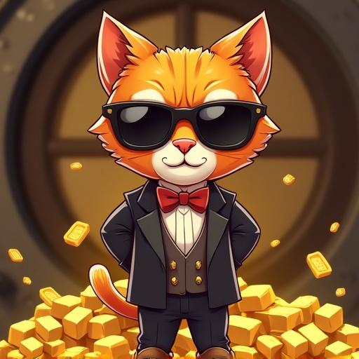 Cartoon theme with a serious boss cat wearing shades. Cat poses confidently in a suit. Gold bullions and nuggets around. Vault background adds context to wealth theme.