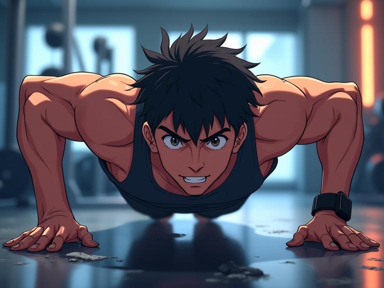 Intense anime-style illustration showing a muscular young man doing push-ups in a modern gym. Scene has dramatic lighting. Character has a determined expression and tousled hair, wears a sleeveless workout shirt. Art features detailed musculature and vibrant highlights. Background includes blurred gym equipment and glowing lights for energetic atmosphere.
