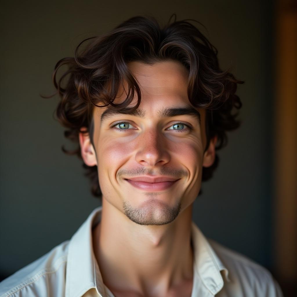 Ultra realistic photo of a young man. He has a small, heart-shaped face and full cheeks. He has a straight nose and full lips. Skin is slightly freckled. He is tall with large, blue eyes and dark brown, curly hair. The man has a slender build and wears jeans and a bohemian shirt. High-quality image.