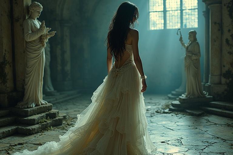 A mesmerizing fallen angel emerges from the ashes of a Victorian manor. Long, wavy raven hair and obsidian eyes hint at her celestial origin. Dressed in a tattered intricately designed gown with lace and clockwork embellishments. Ethereal presence above cracked marble floors. Moonlight and shadow interplay with moss-covered statues and overgrown ivy.