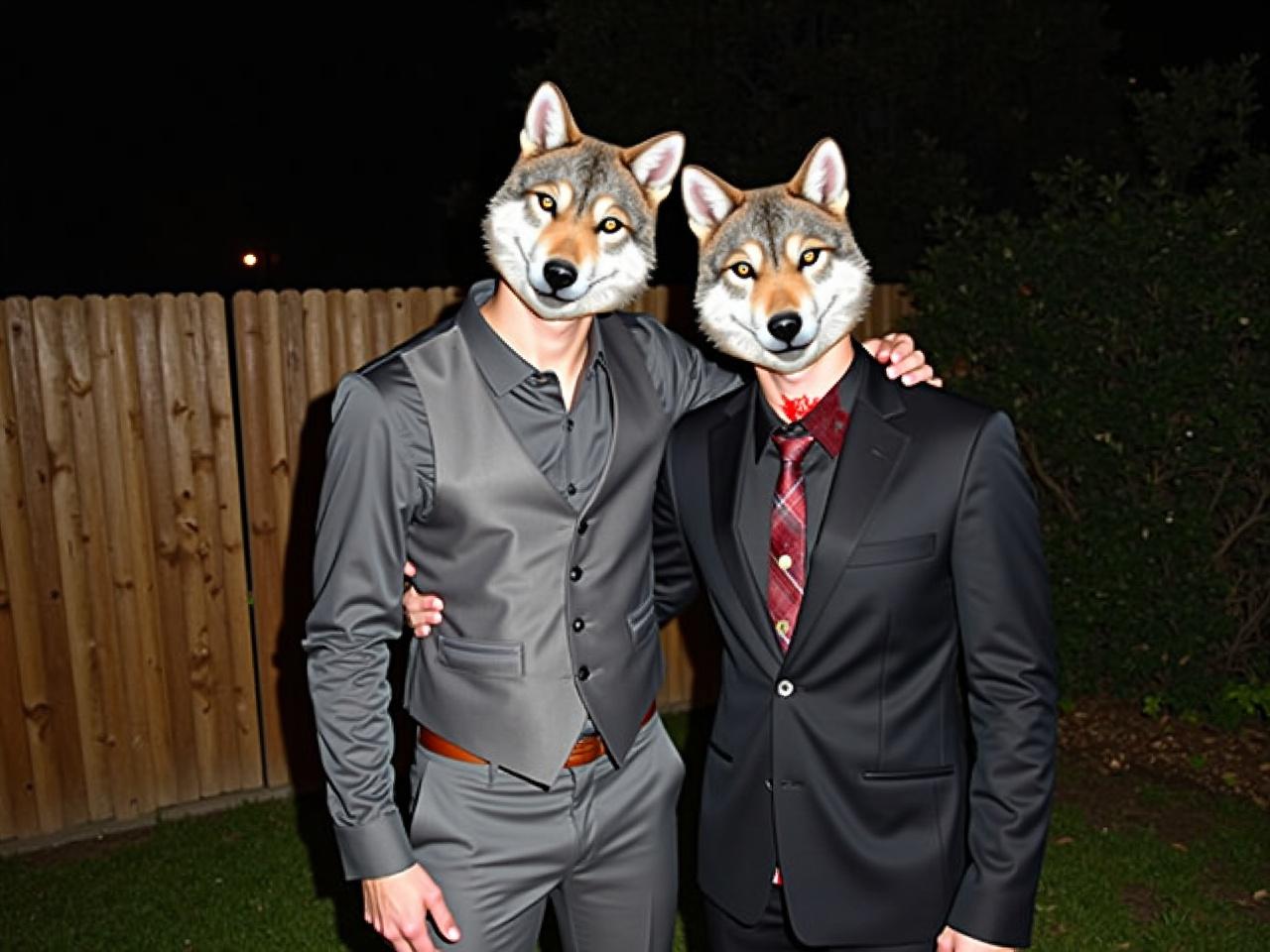 Two individuals are posing for a picture outdoors at night. They are dressed in stylish suits, one in gray with a vest and the other in a black suit with a bloodstained shirt. They are standing close together, with their arms around each other's shoulders, displaying a sense of camaraderie. The background features a wooden fence and hints of greenery, creating a casual yet somewhat eerie atmosphere due to the dark setting. The focus on the image highlights their confident expressions, enhanced by the unique wolf head swap that adds a playful touch to the scene.