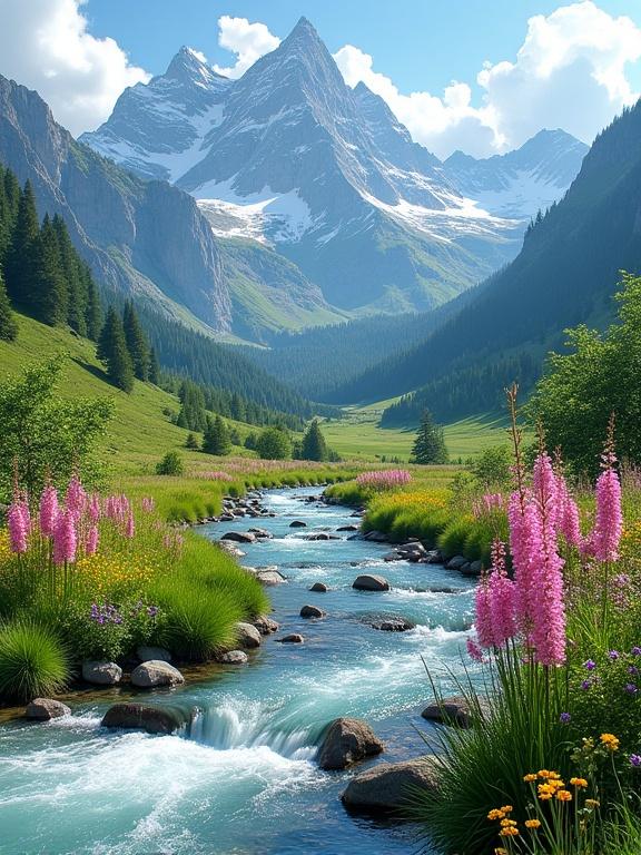 The image shows an alpine valley with a winding river. Colorful wildflowers in bright pink grow along the riverbanks. Lush green vegetation covers the valley. Towering mountains rise in the background with snow-capped peaks. The sky is bright blue with fluffy white clouds. The scene looks serene and picturesque.