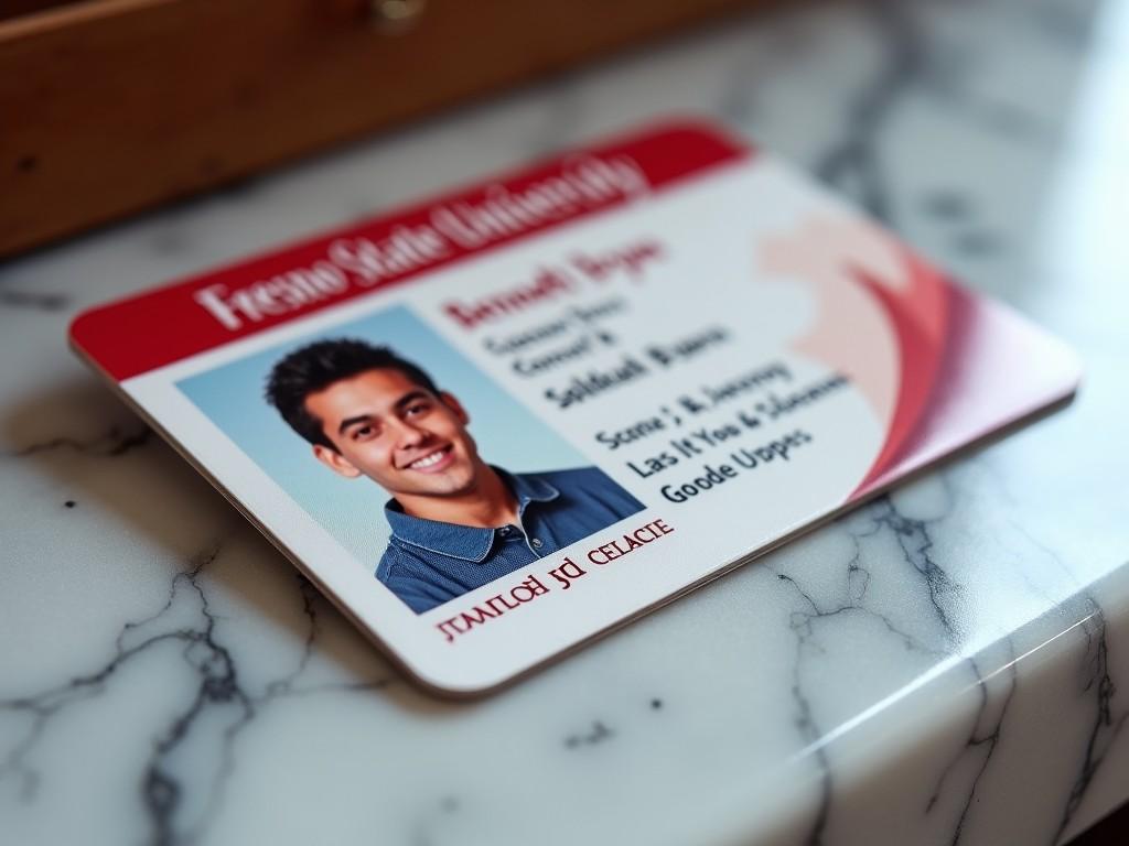 A realistic student ID card placed on a marble surface, featuring a young person's portrait, designed for a university.