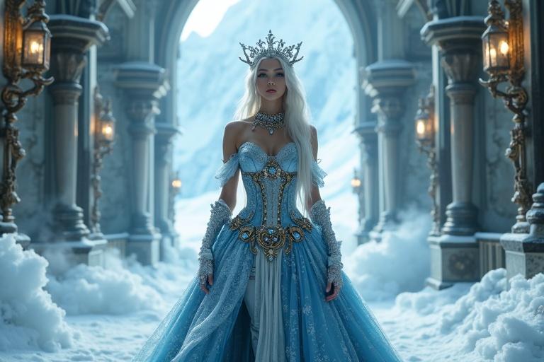 A mesmerizing steampunk ice queen stands in an ancient frozen palace. Her platinum-white hair cascades down her back. Ice-blue eyes glow faintly. Elegant corset dress blends metallic silver and deep sapphire blue. Adorned with frost-covered gears and crystal embellishments. She wears a delicate regal crown of ice and gold. Steam rises from the ground. Mechanical boots leave a trail of frost. Icy energy crackles around her. Gothic arches frame a massive frozen landscape behind her. Gaze is cold and alluring.