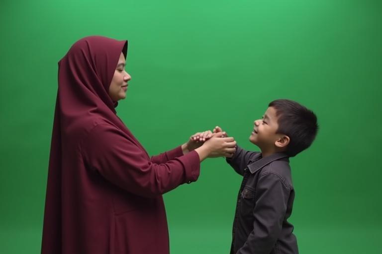 A mother is holding her child's hands against a green screen backdrop.