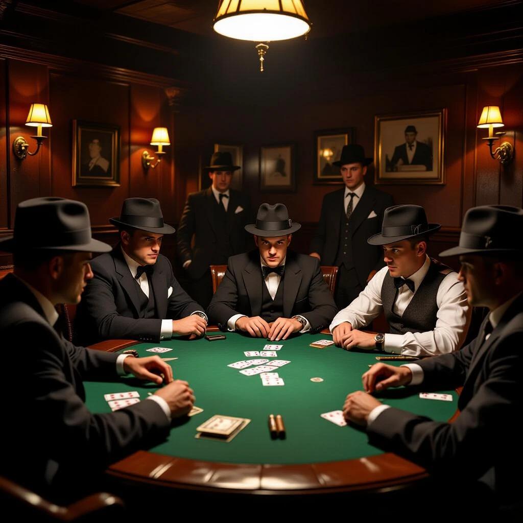 A backroom poker game featuring mobsters and a rival bootlegging crew. The setting reflects a 1920s speakeasy with period-appropriate attire. The poker table displays cards and cash. Cigar smoke adds to the atmosphere. Weapons are subtly placed on the table.