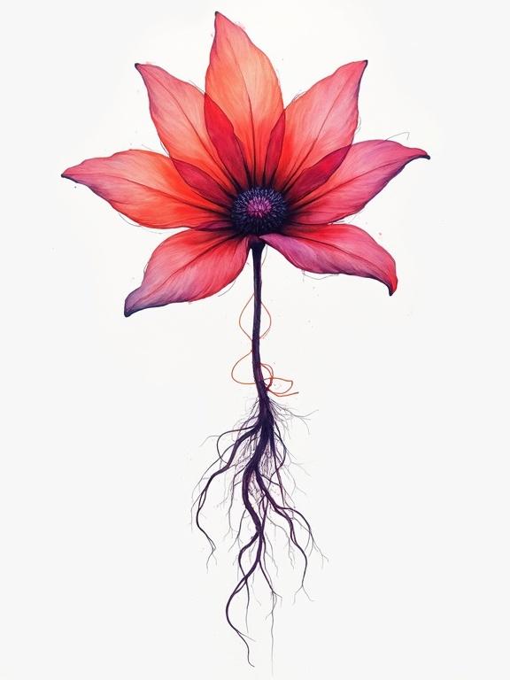 A minimalist style calligraphy watercolor painting. Heavy fluid brush strokes create a flower bloom with glowing wires and mechanical roots below. Large empty space showcases negative space.