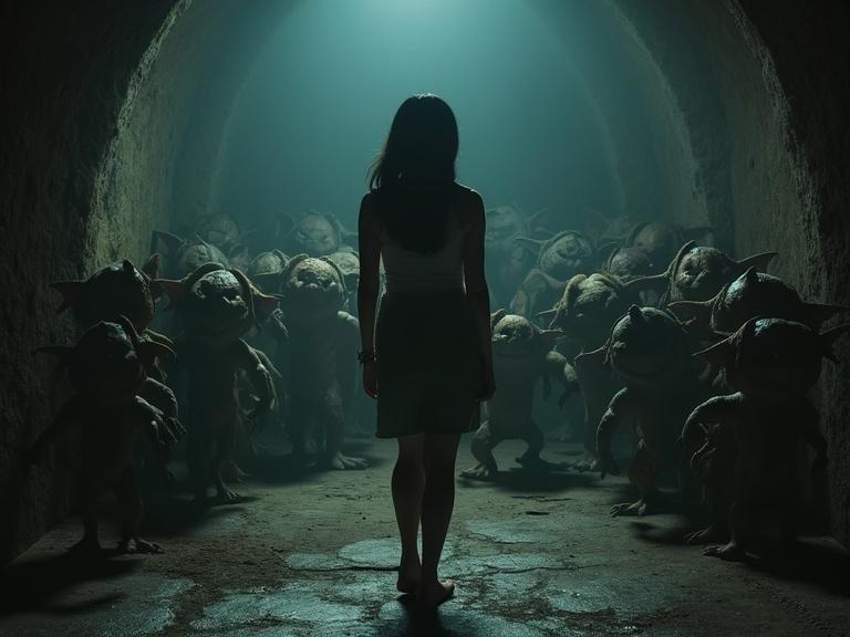A woman stands alone in a dark dungeon surrounded by strange creature figures. Eerie lighting highlights her silhouette against the filled space with tiny, grotesque characters.