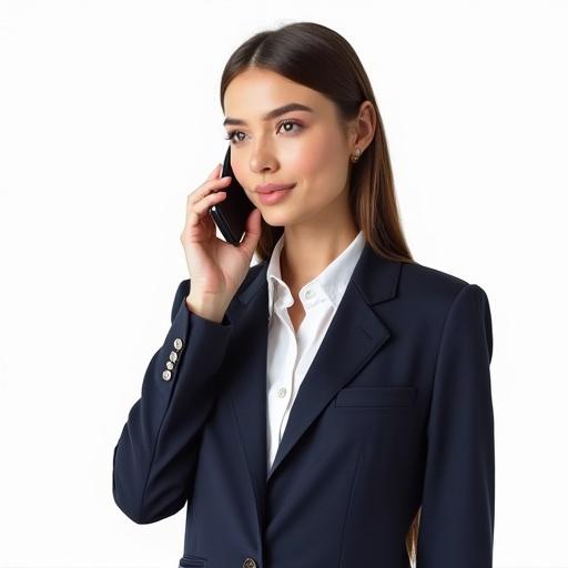 A business professional standing confidently while talking on the phone. Full body in a business suit. Transparent background.