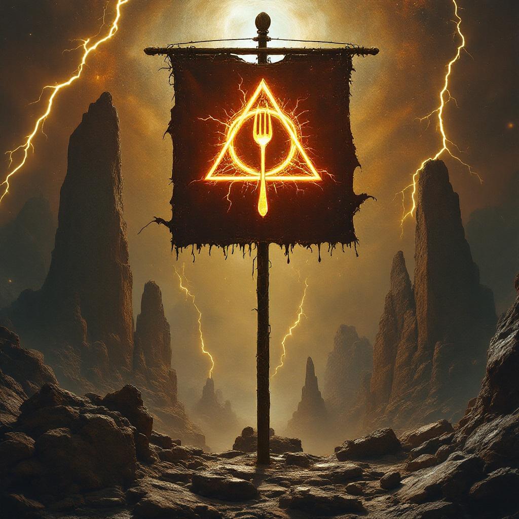 The image is a surreal rock album cover that features a medieval banner with a mysterious cult symbol. This symbol is a bright triangle crossed by a spoon, set against a cosmic background filled with towering rocky formations. Striking lightning bolts illuminate the scene, adding a dramatic effect. The composition evokes the Pillars of Creation, offering a sense of wonder and trepidation. The overall atmosphere suggests both exploration and encounters with the unknown, making it perfect for thrilling musical experiences.