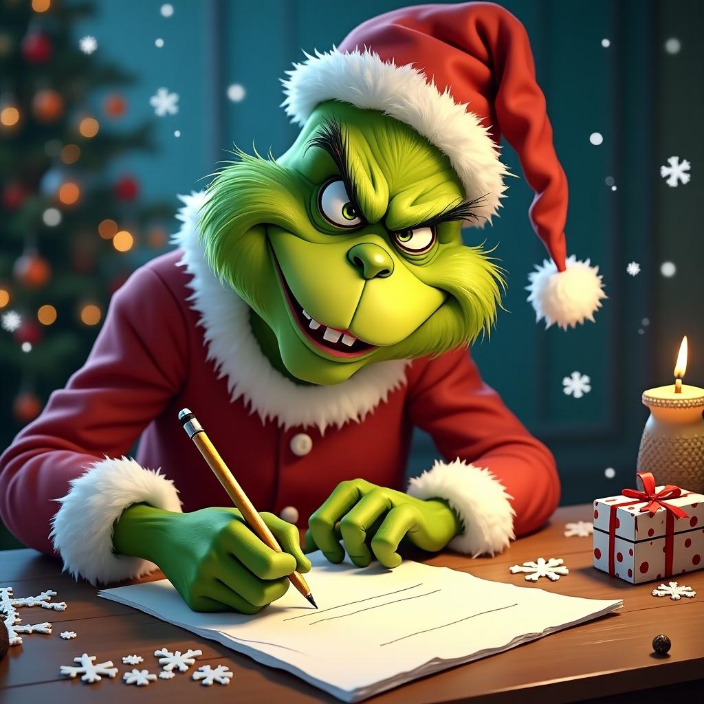 The Grinch is sitting at a wooden table, dressed in a Santa costume. He has a mischievous expression while writing on a piece of paper with a pencil. The background features a decorated Christmas tree and a warm glow from a candle. There is a gift box beside him, adding to the festive scene. Snowflakes are subtly depicted in the air, enhancing the holiday atmosphere.