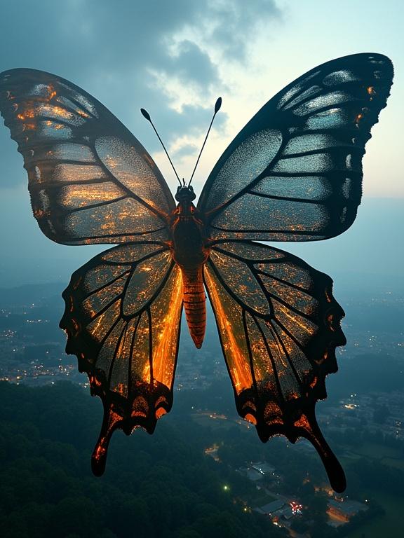 Profile of a giant butterfly with wings containing a daytime city landscape on the left and a night city on the right. Colorful parks and traffic show on the day side. The night side features illuminated buildings. Wing veins illustrate main streets and rivers. Fields and forests surround it, with clouds casting shadows over the scene.