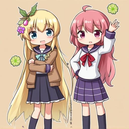 Two anime-style girl characters are pictured. One has long blonde hair with a flower accessory and is wearing a school sweater. The other has long pink hair and is wearing a school uniform. They have cheerful expressions.