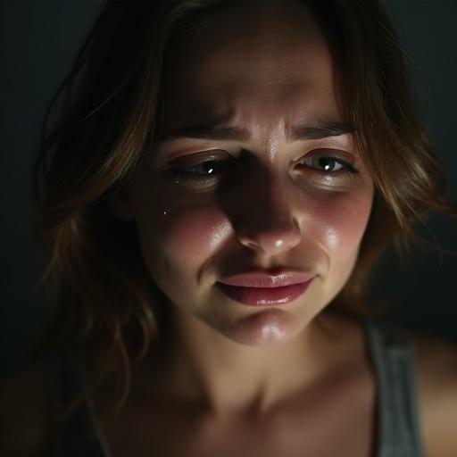 A realistic photo showing a woman crying. Tears are rolling down her cheeks. She appears to be sobbing.