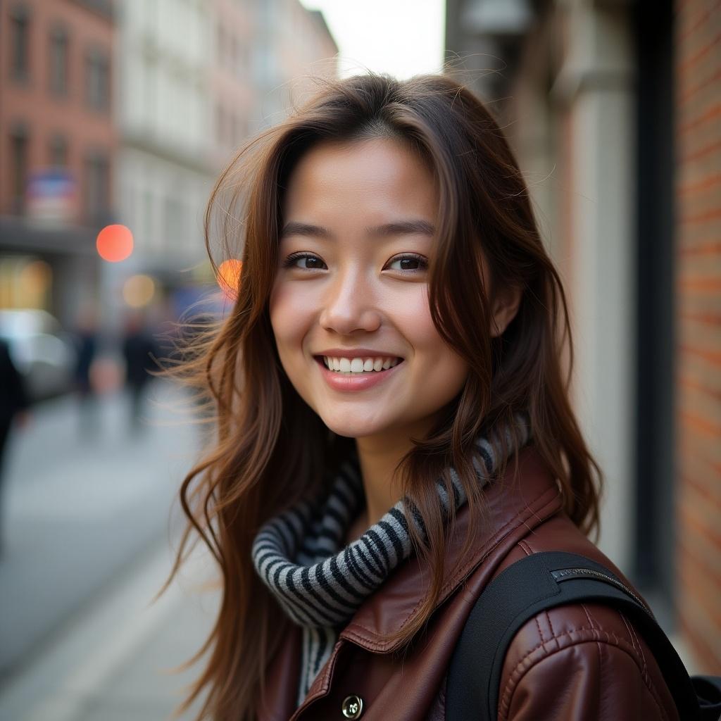 Young woman with brown wavy hair smiles in an urban setting. She wears a brown leather jacket and a black and white striped sweater. Background includes outdoor city elements.