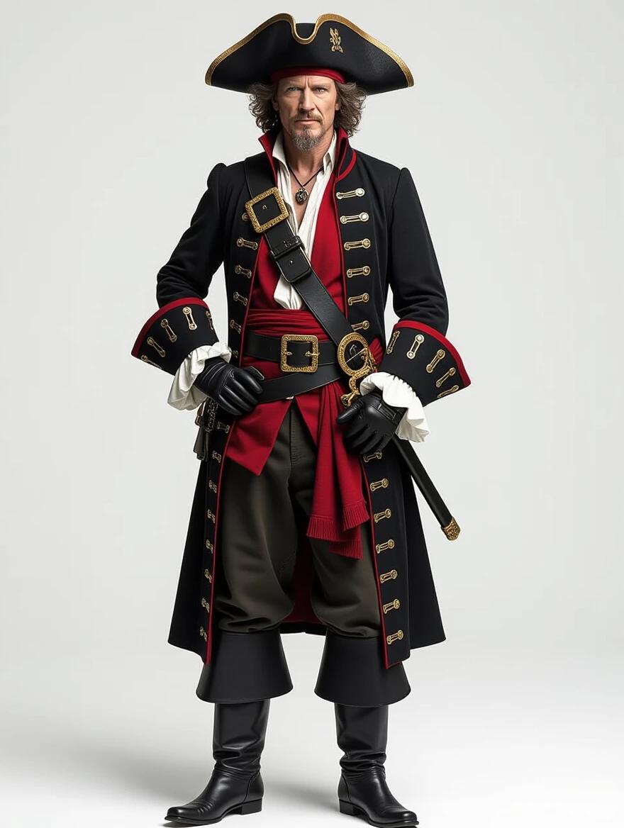 A character dressed as a pirate. Wearing a black pirate hat and boots. Clothing features black and crimson colors. Elegant gloves are included. The character has a confident stance. Style resembles Akihiko Yoshida's art. The background is minimal with extra space around the subject.