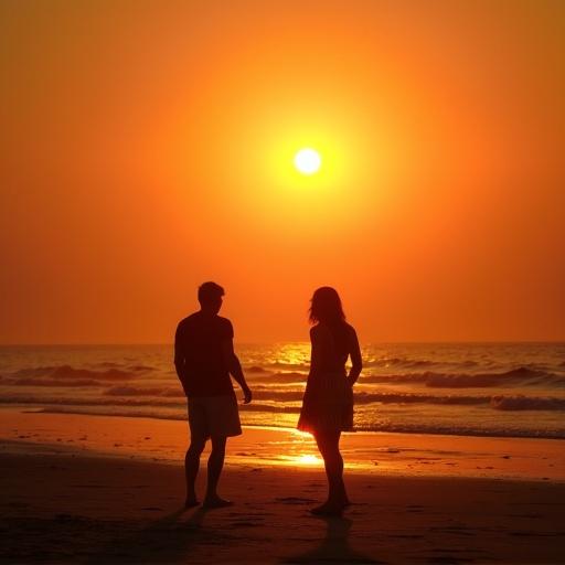 Backlit silhouette of two figures on a beach during sunset. Figures facing each other. The setting sun creates a vibrant orange background.