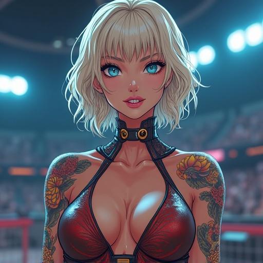 Anime character in a futuristic setting. Woman aged 52 years. Features frosted blue eyes and wavy light blonde hair. Wearing a modern capoeira outfit with a psychotic grin. Half Japanese and half Saiyan heritage. Adorned with colorful traditional tattoos. Set in a luxurious martial arts arena in Mexico City.