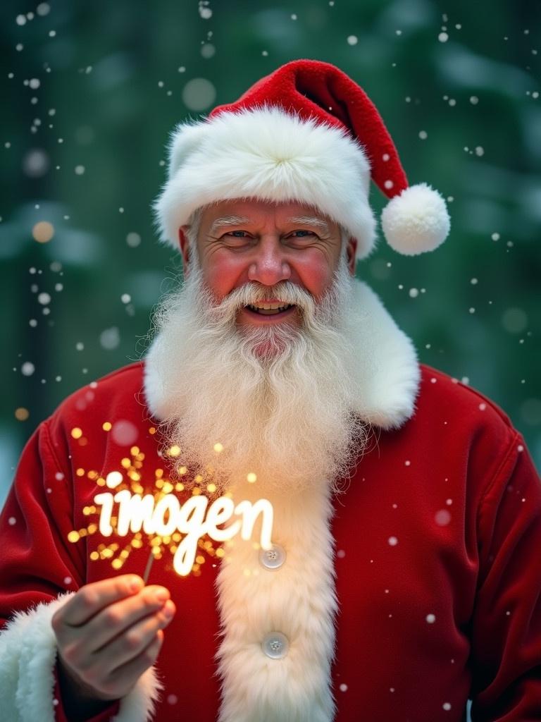 A man dressed as Santa Claus holds a glowing stick that spells 'imogen' in sparkling lights. The Santa wears a classic red suit with white fur trim. The background shows a snowy forest with snowflakes falling. The image embodies holiday joy and warmth.