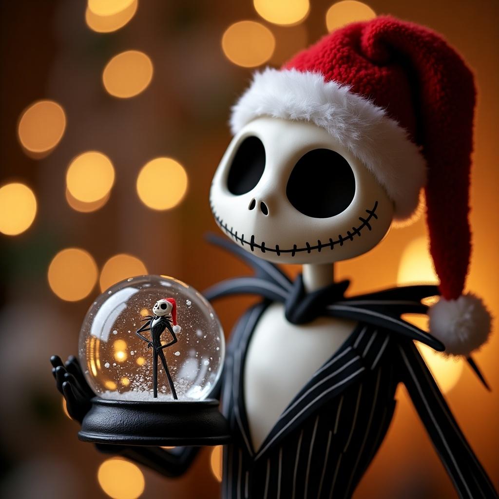 Jack Skellington character in a Christmas hat. Holding a snow globe. Background with warm bokeh lights. Focused on the character and the ornament. Holiday theme.