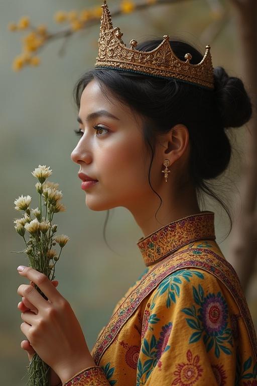 A woman in a traditional dress with a crown holding flowers. Soft light highlighting her profile. Rich colors and intricate patterns on the attire.