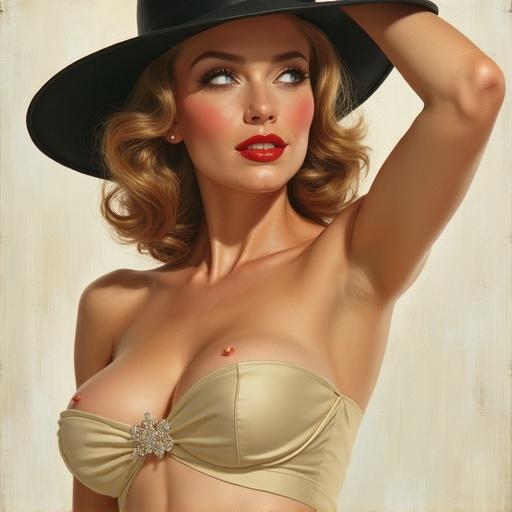 Create image of a refined woman with glamourous attire in the iconic pin-up style reminiscent of Gil Elvgren. The focus is on beauty with elements of grace and femininity.