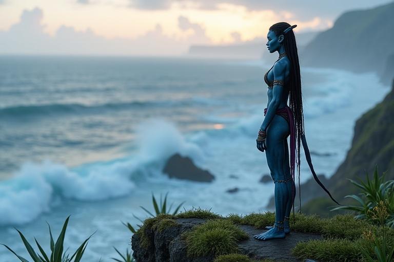 Kaari stands on a mossy cliff edge at dawn. She looks over a misty ocean inlet. Waves crash below her. Bioluminescent plants pulse softly behind her.
