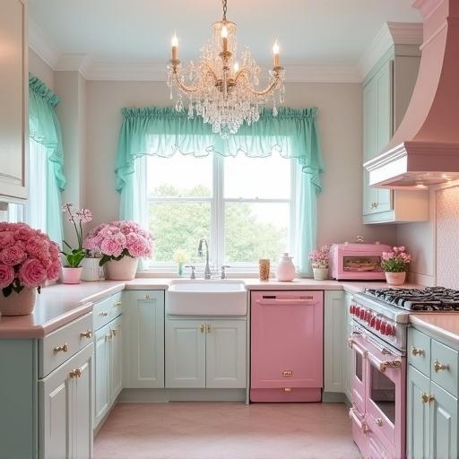 Bright and stylish Rococo kitchen with light pink and aqua colors. Pink countertops match cabinets. Crystal chandelier adds elegance. Pink roses in pots by the sink. Light aqua ruffle curtains frame the window. Pink appliances add charm.