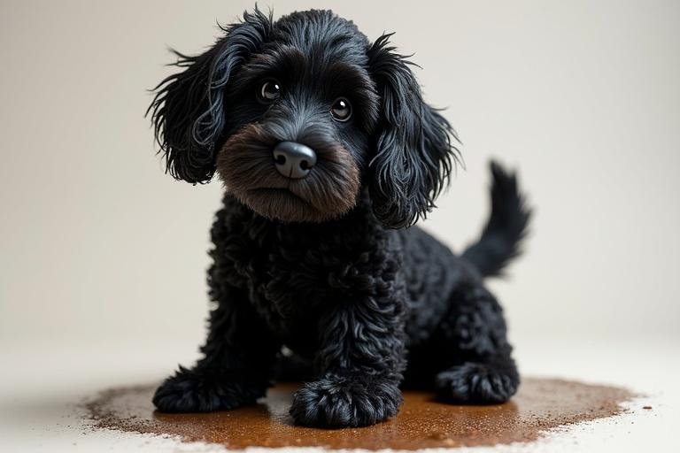 Generate an image of a black toy puddle dog in portrait style. Emphasize its fluffy fur and expressive eyes.