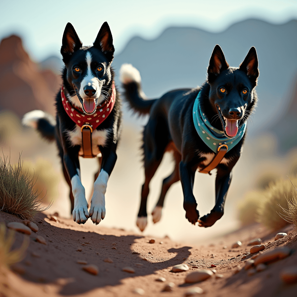 Two happy dogs running energetically on a dusty desert trail.