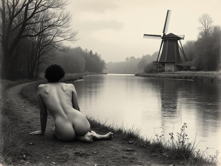 Naked woman lies down on the ground by a winding river. Scene is set on an autumn day. The focus on serene atmosphere with gentle river ripples. The background features a windmill and trees. The artwork represents expressive black and white etching style with Indian ink textures. The landscape captures muted autumn colors through subtle ink shading.