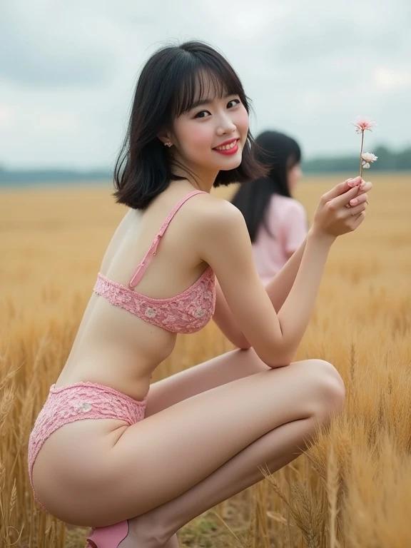 A stunning Chinese woman with black hair squats in a field holding a flower. She wears a delicate floral patterned pink wired bra and high heels. A female student figure is visible behind her. The background features a golden wheat field under a cloudy sky.